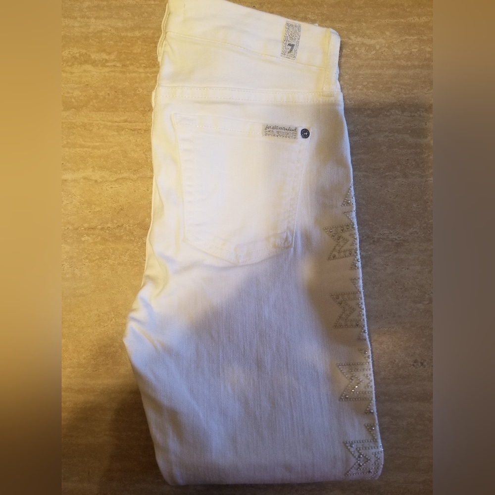 7 For All Man Kind Side Embellished White Skinny Jeans, Sz 25, EUC - Picture 2 of 6